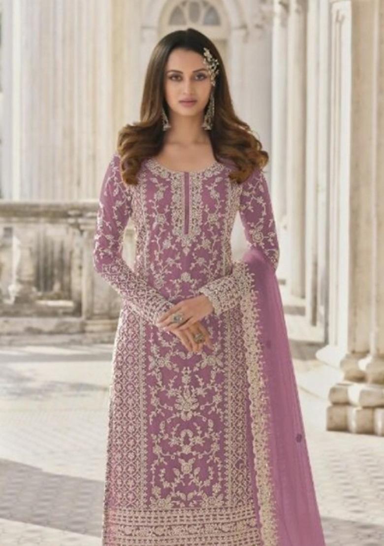 Lavender Cord Work Net Kurta Set - Indya