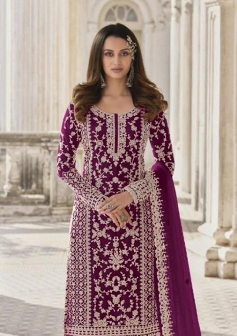 Purple Cord Work Net Kurta Set - Indya