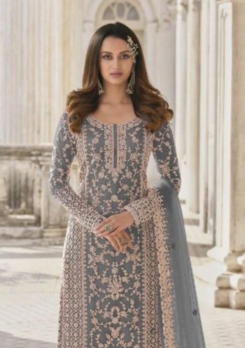 Grey Cord Work Net Kurta Set - Indya