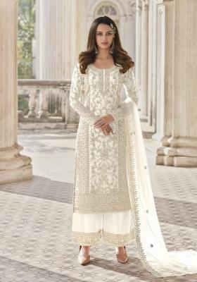 White Cord Work Net Kurta Set