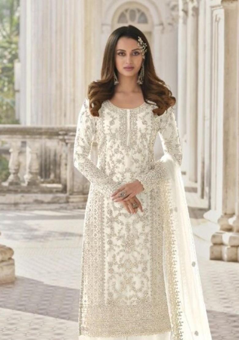 White Cord Work Net Kurta Set - Indya