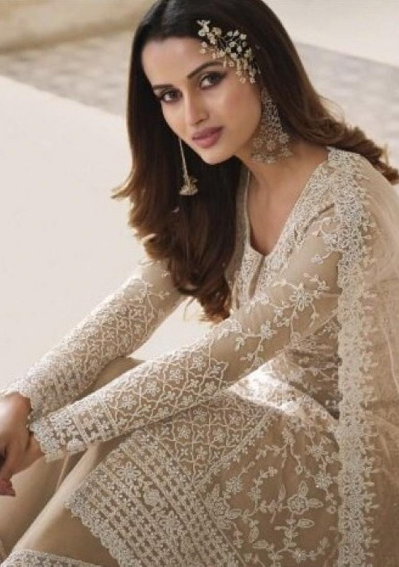 Cream Cord Work Net Kurta Set - Indya