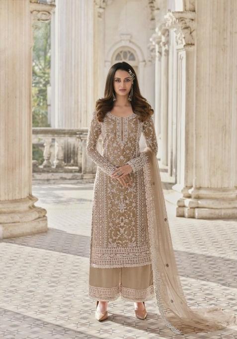 Cream Cord Work Net Kurta Set