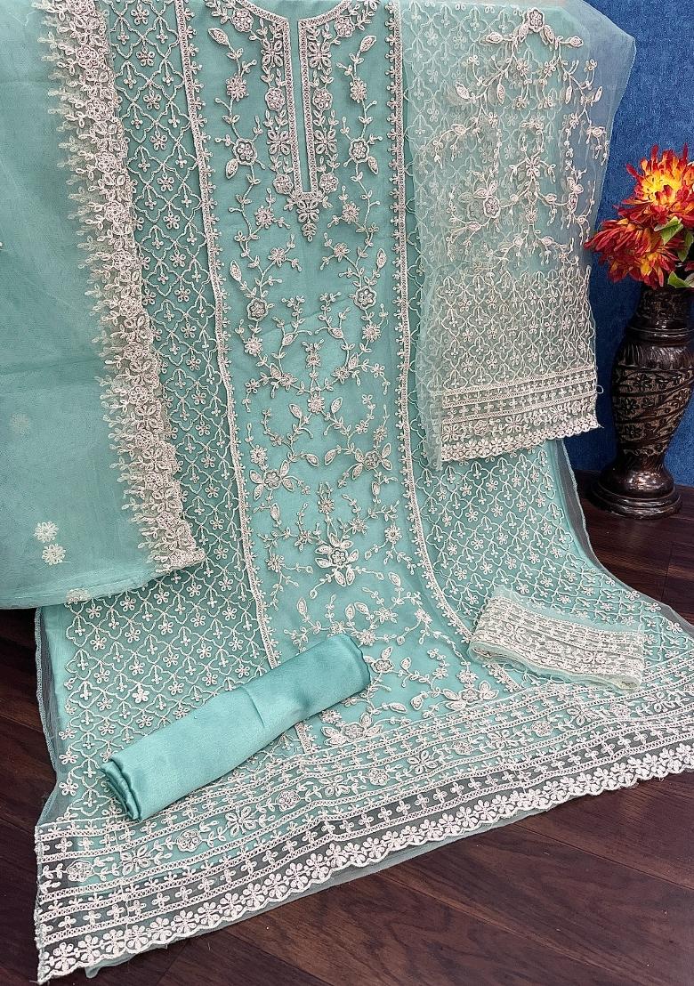Blue Cord Work Net Kurta Set - Indya