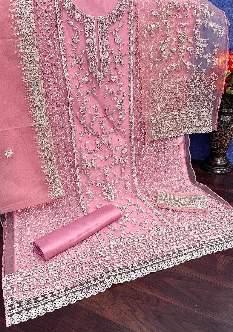 Pink Cord Work Net Kurta Set - Indya