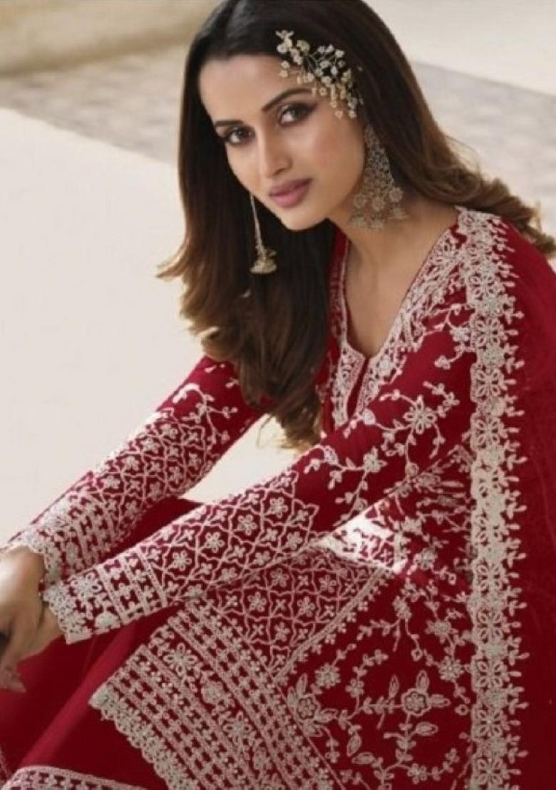 Red Cord Work Net Kurta Set - Indya