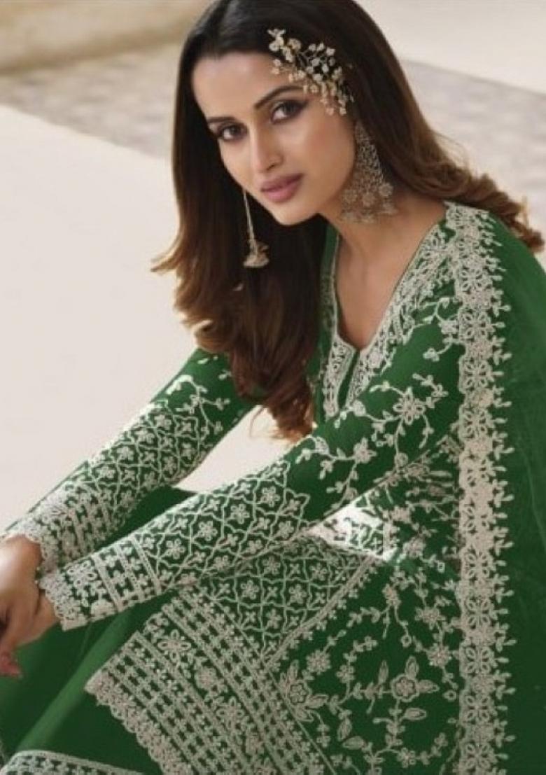 Dark Green Cord Work Net Kurta Set - Indya