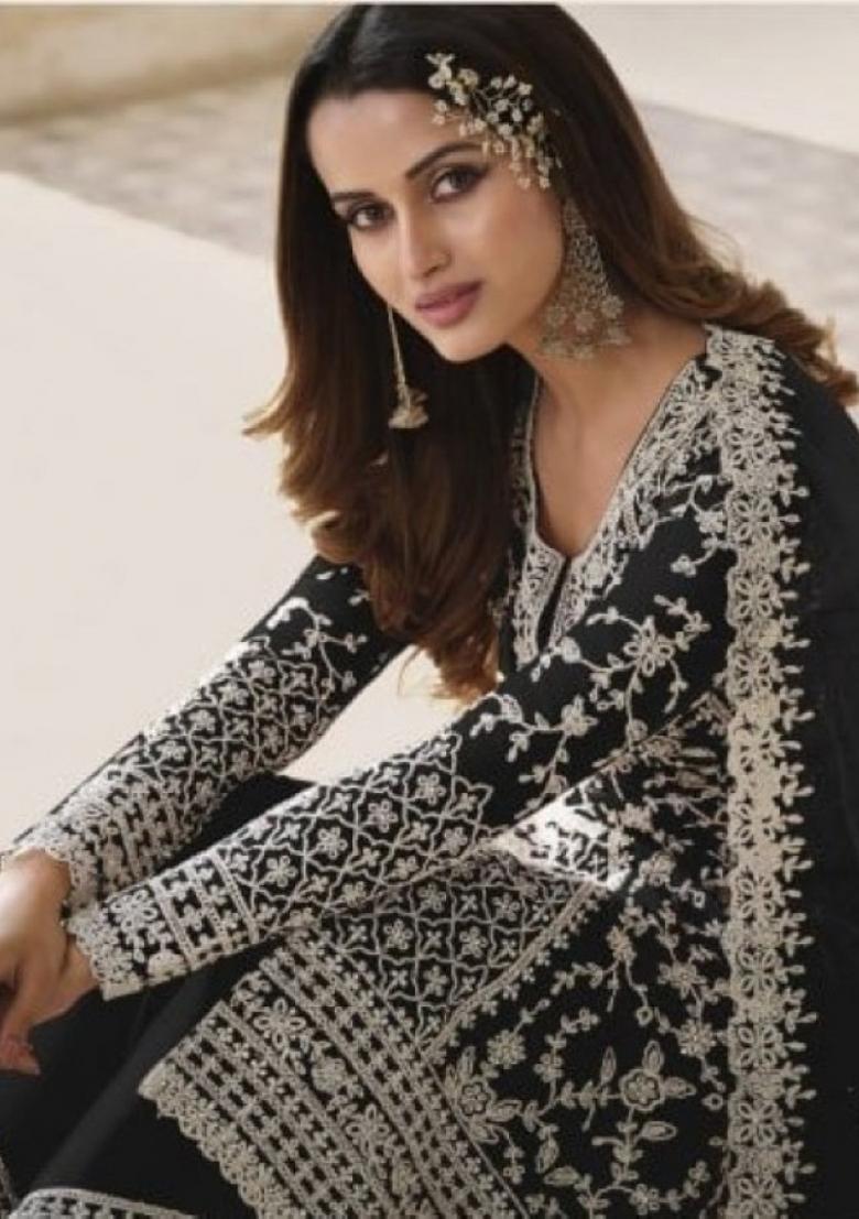 Black Cord Work Net Kurta Set - Indya