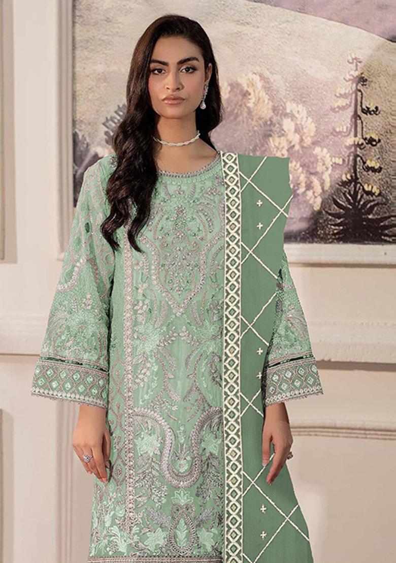 Sea Green Embroidered Chiffon Kurta Set - Indya