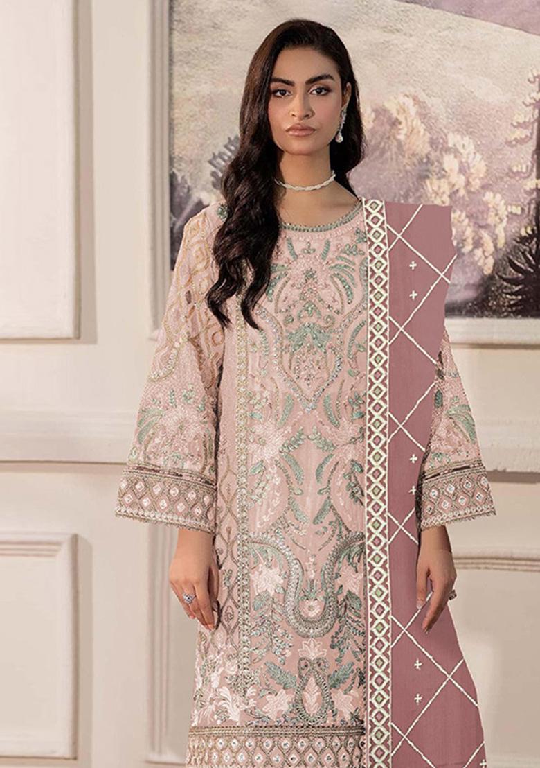 Peach Embroidered Chiffon Kurta Set - Indya