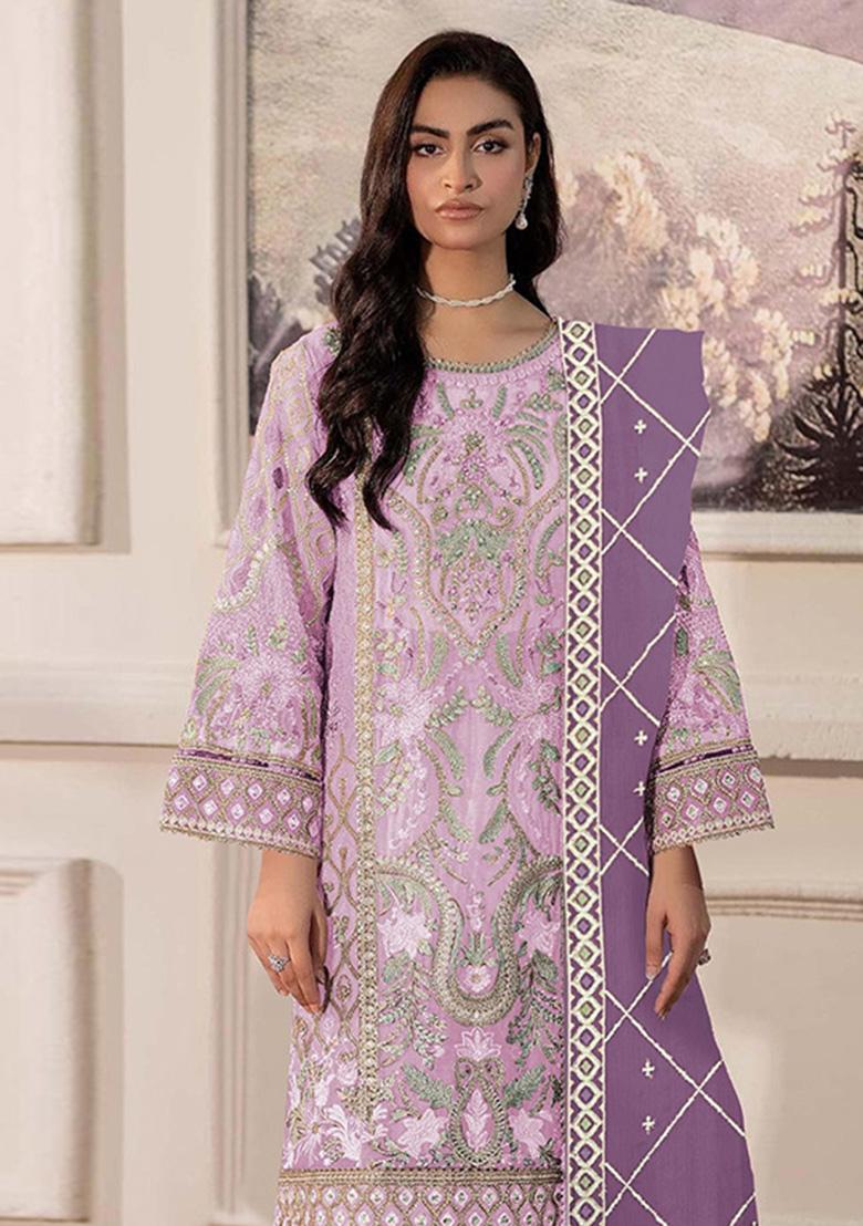 Lavender Embroidered Chiffon Kurta Set - Indya