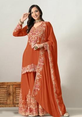 Orange Embroidered Silk Blend Kurta Set
