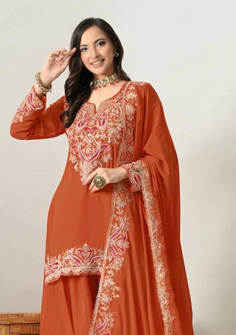 Orange Embroidered Silk Blend Kurta Set - Indya