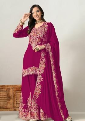 Red Embroidered Silk Blend Kurta Set