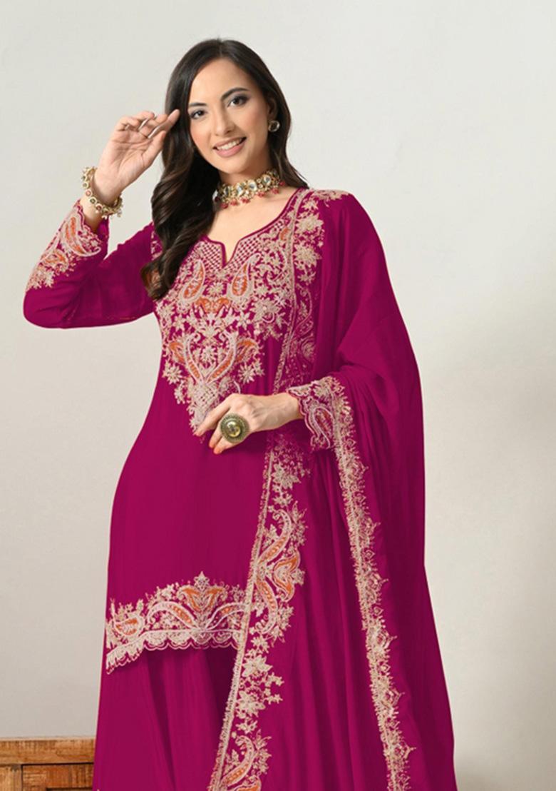 Red Embroidered Silk Blend Kurta Set - Indya