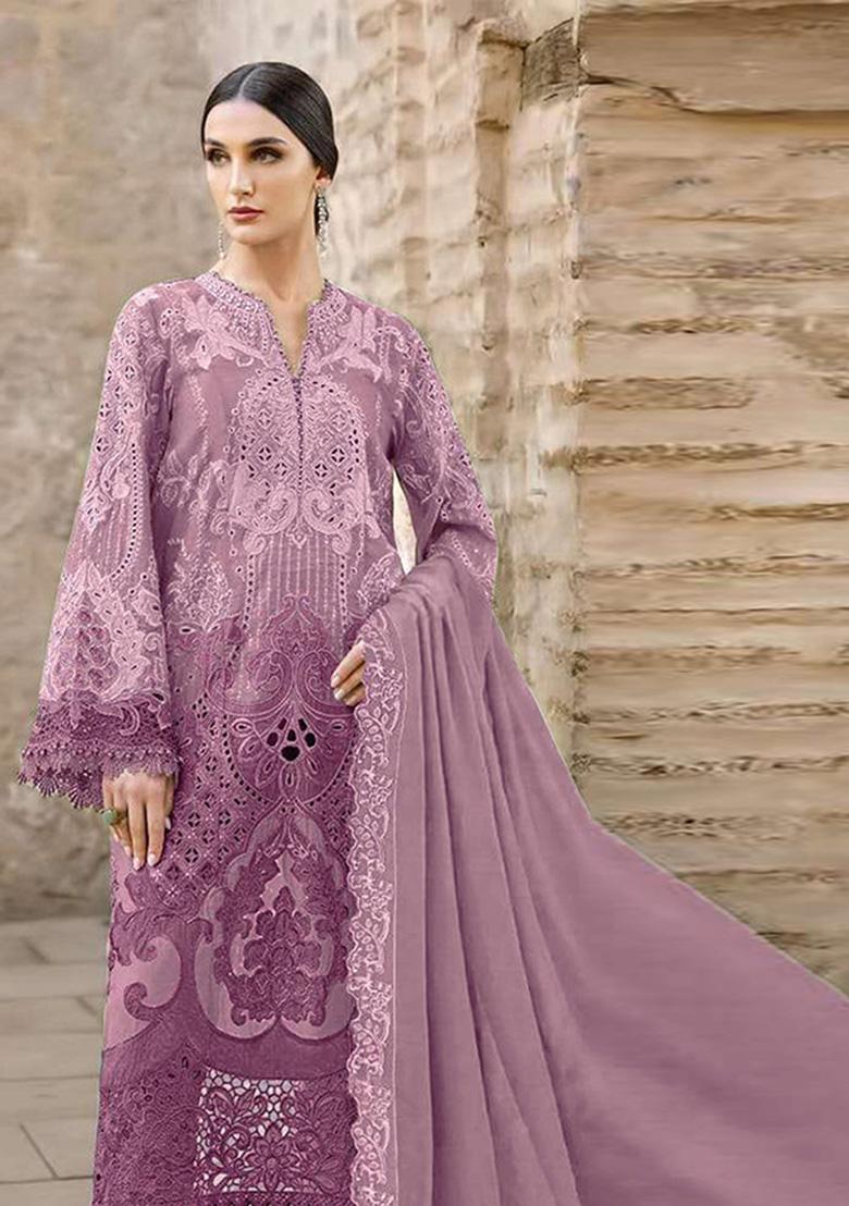 Purple Embroidered Chiffon Kurta Set - Indya