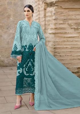 Blue Embroidered Chiffon Kurta Set