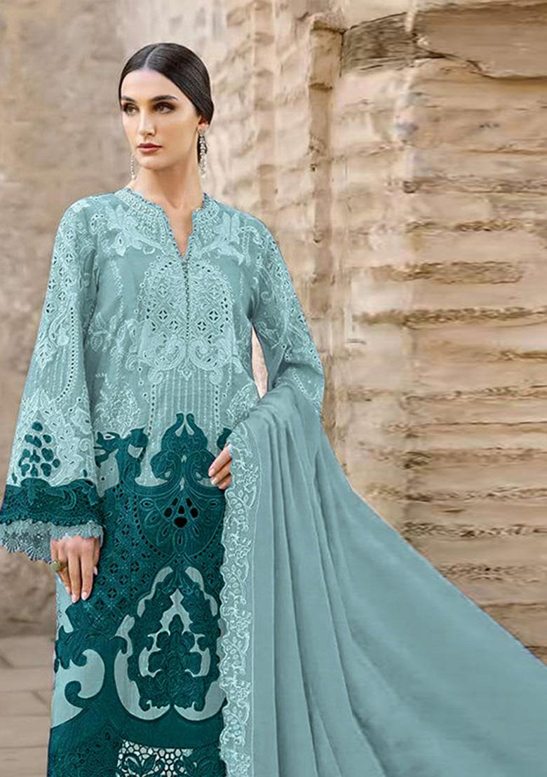 Blue Embroidered Chiffon Kurta Set - Indya
