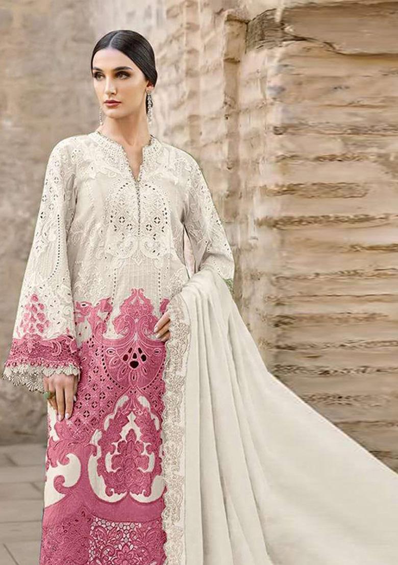 White Embroidered Chiffon Kurta Set - Indya