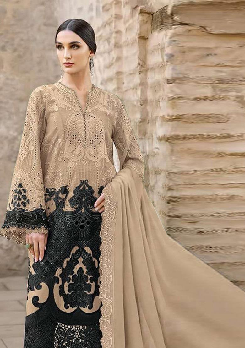 Brown Embroidered Chiffon Kurta Set - Indya