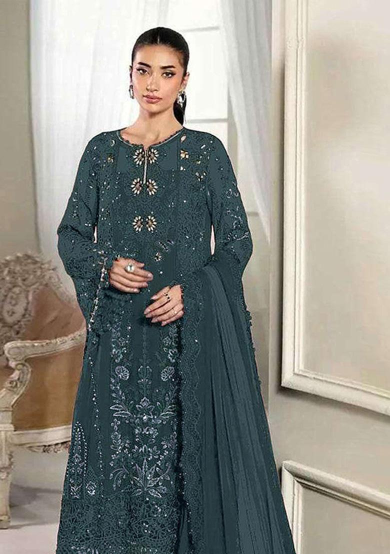 Dark Emerald Embroidered Silk Blend Kurta Set - Indya