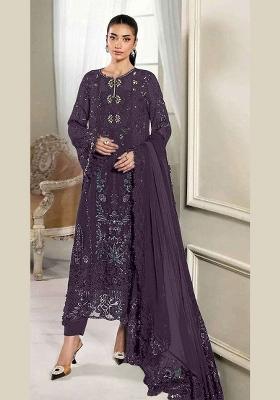 Dark Purple Embroidered Silk Blend Kurta Set