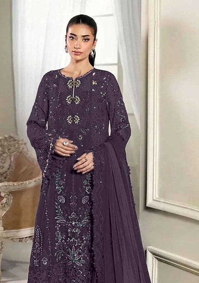 Dark Purple Embroidered Silk Blend Kurta Set - Indya