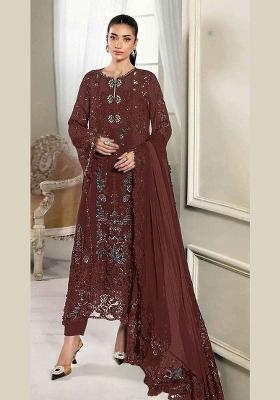 Dark Maroon Embroidered Silk Blend Kurta Set