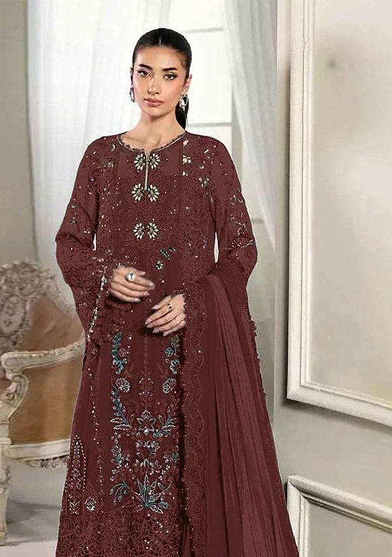 Dark Maroon Embroidered Silk Blend Kurta Set - Indya