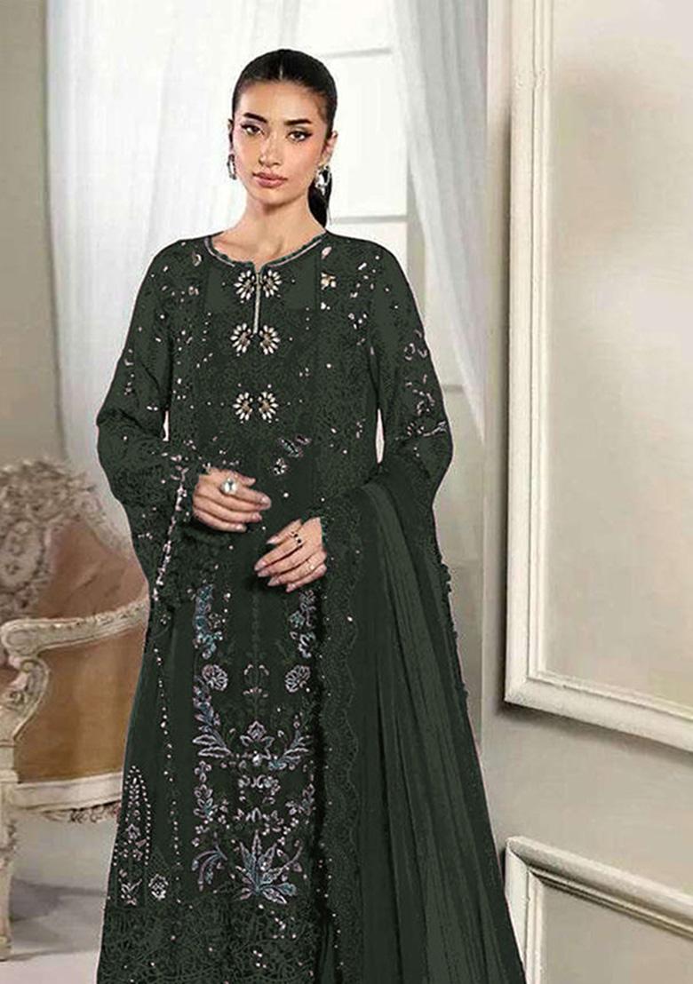Dark Green Embroidered Silk Blend Kurta Set - Indya