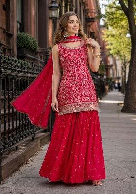 Red Embroidered Georgette Kurta Set