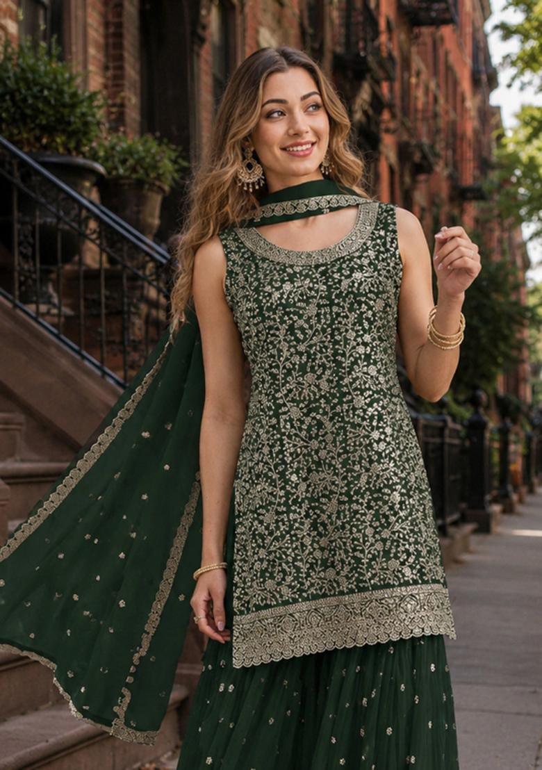 Green Embroidered Georgette Kurta Set - Indya