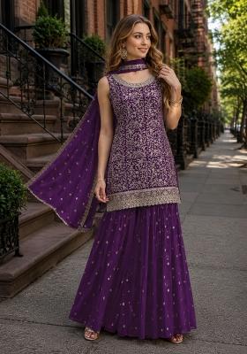 Purple Embroidered Georgette Kurta Set