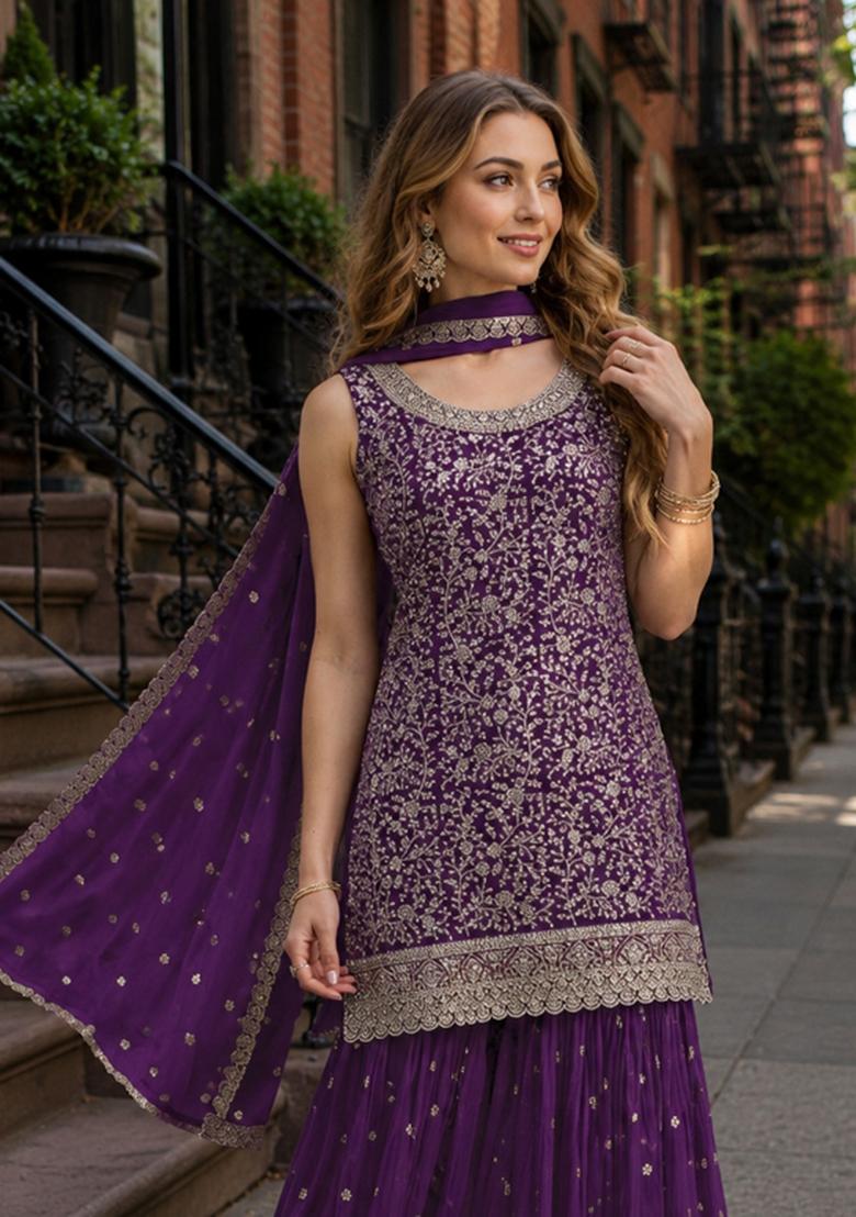 Purple Embroidered Georgette Kurta Set - Indya
