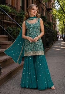 Teal Green Embroidered Georgette Kurta Set