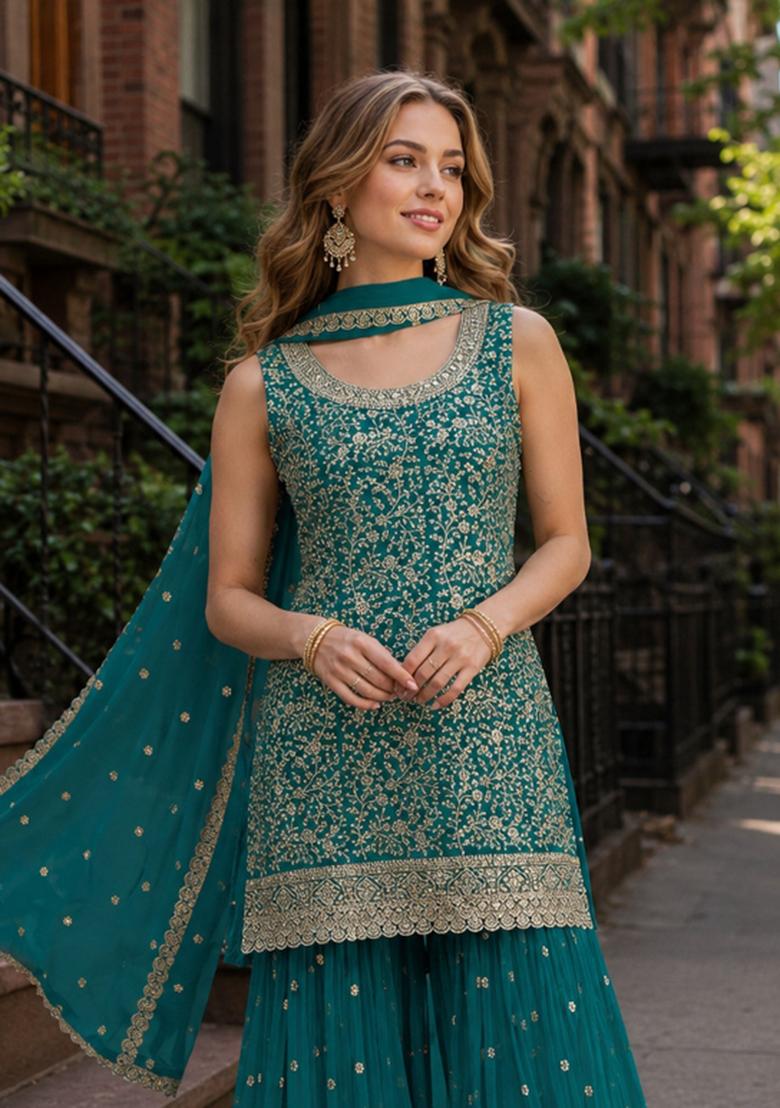 Teal Green Embroidered Georgette Kurta Set - Indya