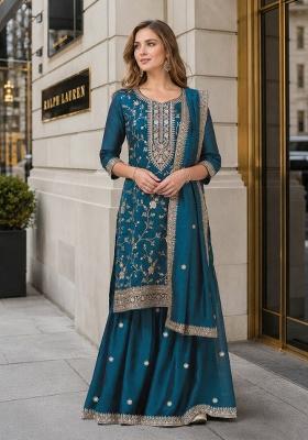Teal Blue Embroidered Silk Blend Kurta Set