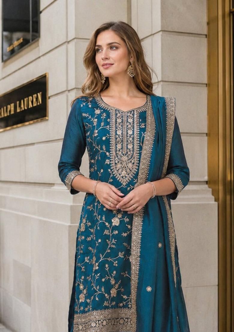 Teal Blue Embroidered Silk Blend Kurta Set - Indya