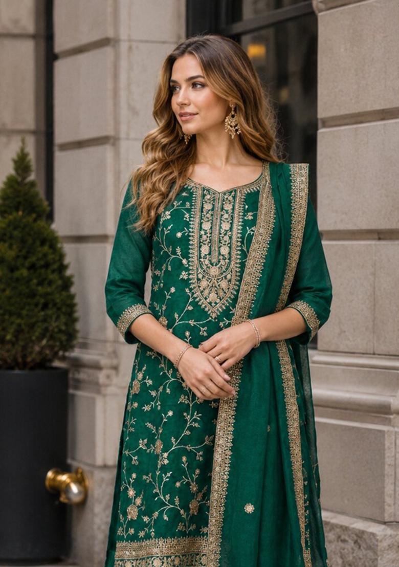 Emerald Embroidered Silk Blend Kurta Set - Indya