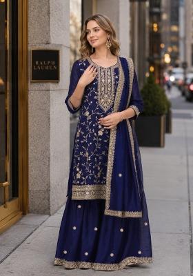 Navy Blue Embroidered Silk Blend Kurta Set