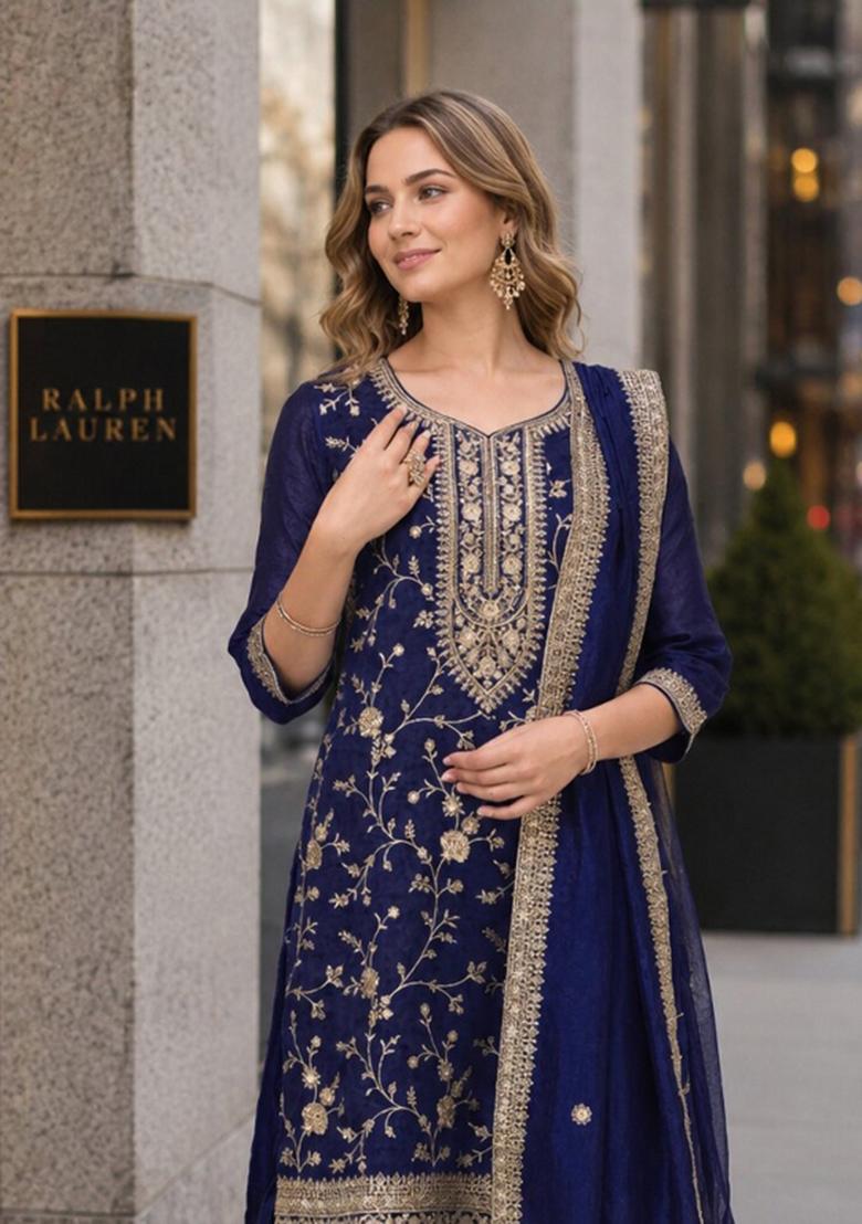 Navy Blue Embroidered Silk Blend Kurta Set - Indya