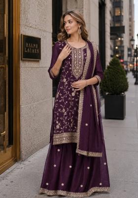 Wine Embroidered Silk Blend Kurta Set