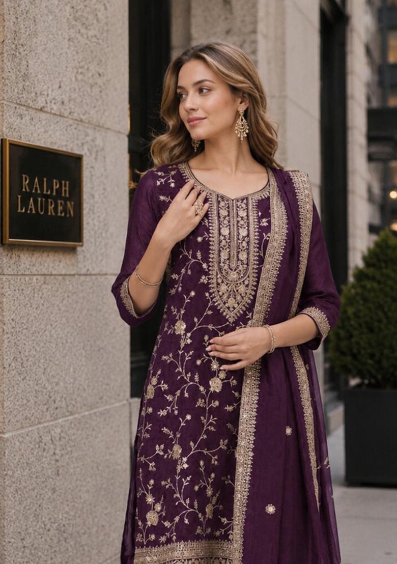 Wine Embroidered Silk Blend Kurta Set - Indya