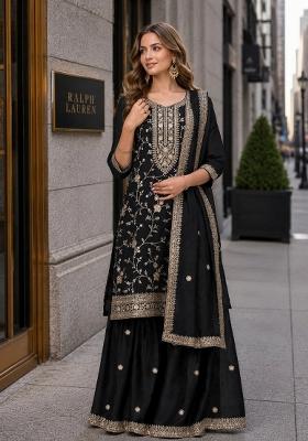 Black Embroidered Silk Blend Kurta Set