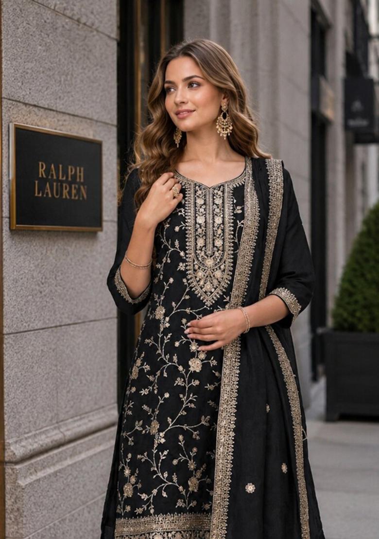 Black Embroidered Silk Blend Kurta Set - Indya