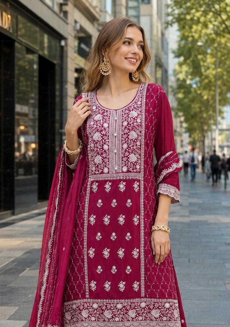 Maroon Embroidered Georgette Kurta Set - Indya