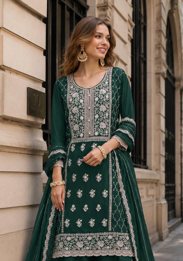 Teal Blue Embroidered Georgette Kurta Set - Indya