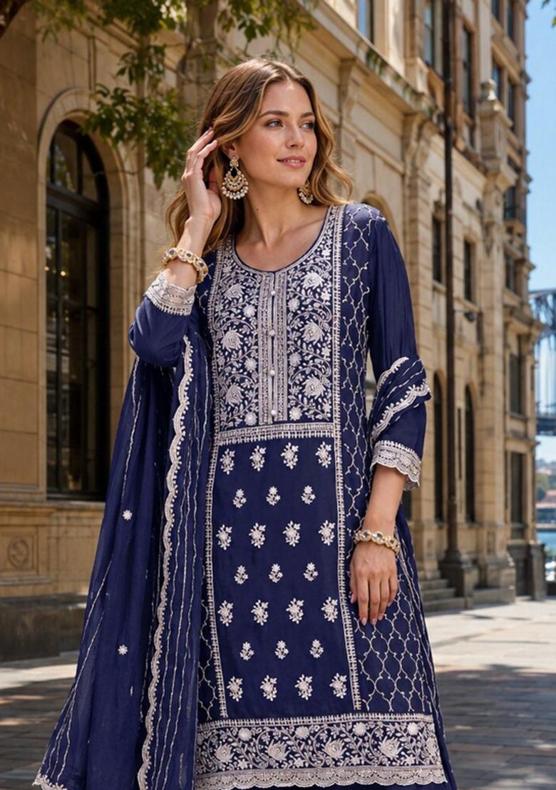 Black Embroidered Georgette Kurta Set - Indya