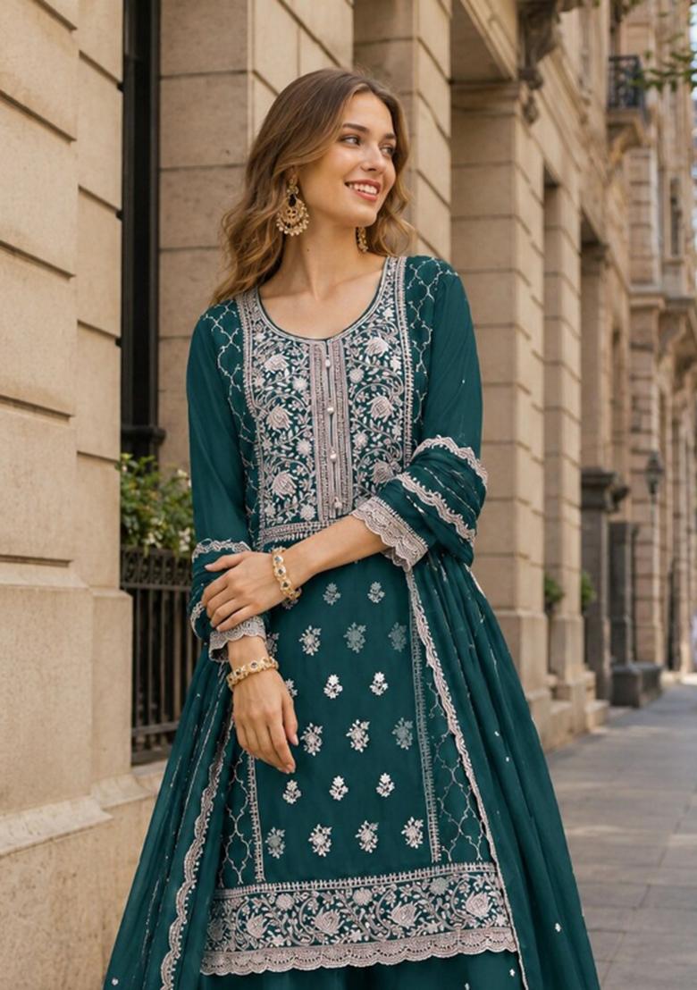 Navy Blue Embroidered Georgette Kurta Set - Indya