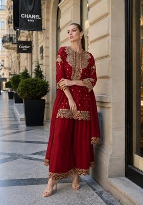 Red Embroidered Georgette Kurta Set